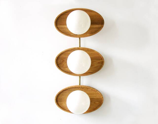 Mid Century Modern Triple Oak & Glass Globes Fixture Light Wall Sconce Lamp Living Room Lighting Unique Lights - image 1