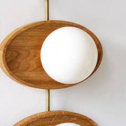 Mid Century Modern Triple Oak & Glass Globes Fixture Light Wall Sconce Lamp Living Room Lighting Unique Lights - thumbnail 4