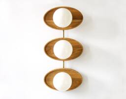 Mid Century Modern Triple Oak & Glass Globes Fixture Light Wall Sconce Lamp Living Room Lighting Unique Lights