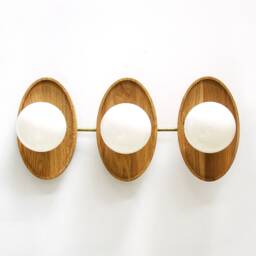 Mid Century Modern Triple Oak & Glass Globes Fixture Light Wall Sconce Lamp Living Room Lighting Unique Lights - thumbnail 2