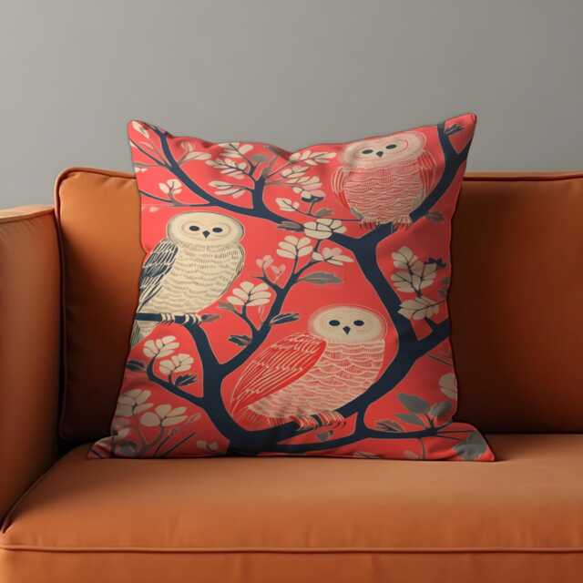 Whimsical Owl Cushion Cover, Illustrated Birds On Tree Branch Throw Pillow Woodland Decor, Any Size Cover - image 1