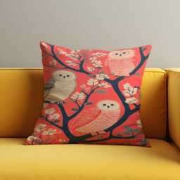 Whimsical Owl Cushion Cover, Illustrated Birds On Tree Branch Throw Pillow Woodland Decor, Any Size Cover - thumbnail 2