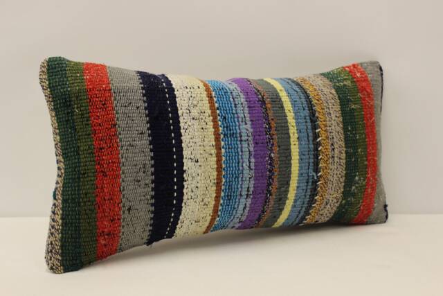 Vintage Kilim Lumbar Pillow Bohemian Wool Throw, 10x20 - image 1