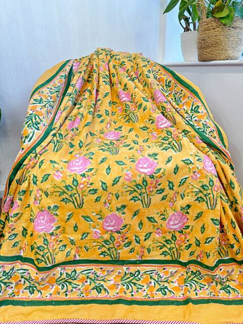 Pure Soft Cotton Indian Floral Dohar Reversible Bed/Sofa Throw Summer Quilted King Size Handprint Yellow Pink Rose White Leaves Bloom Garden - image 1