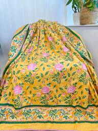 Pure Soft Cotton Indian Floral Dohar Reversible Bed/Sofa Throw Summer Quilted King Size Handprint Yellow Pink Rose White Leaves Bloom Garden - thumbnail 1