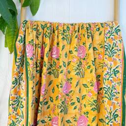 Pure Soft Cotton Indian Floral Dohar Reversible Bed/Sofa Throw Summer Quilted King Size Handprint Yellow Pink Rose White Leaves Bloom Garden - thumbnail 4