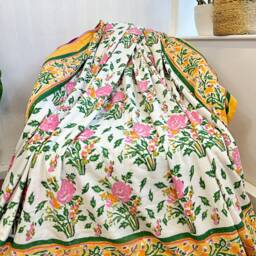 Pure Soft Cotton Indian Floral Dohar Reversible Bed/Sofa Throw Summer Quilted King Size Handprint Yellow Pink Rose White Leaves Bloom Garden - thumbnail 2