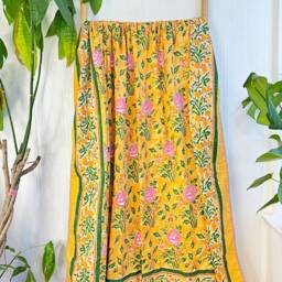 Pure Soft Cotton Indian Floral Dohar Reversible Bed/Sofa Throw Summer Quilted King Size Handprint Yellow Pink Rose White Leaves Bloom Garden - thumbnail 3