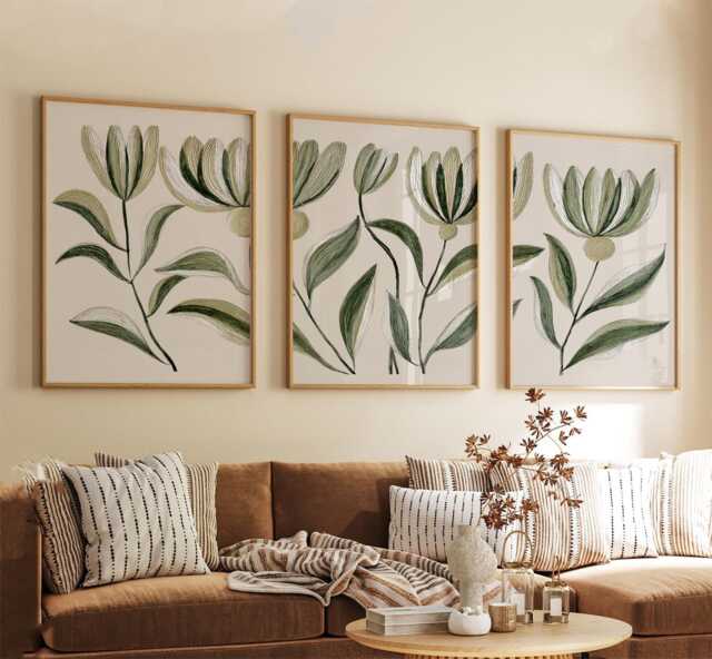 White Botanical Flower Poster Set - Minimal Painted Floral Wall Art Sage Green Neutra Tones - image 1