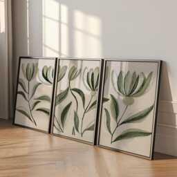 White Botanical Flower Poster Set - Minimal Painted Floral Wall Art Sage Green Neutra Tones - thumbnail 3