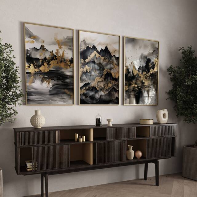 Set Of 3 Black & Gold Wall Art - Mountains Theme - image 1