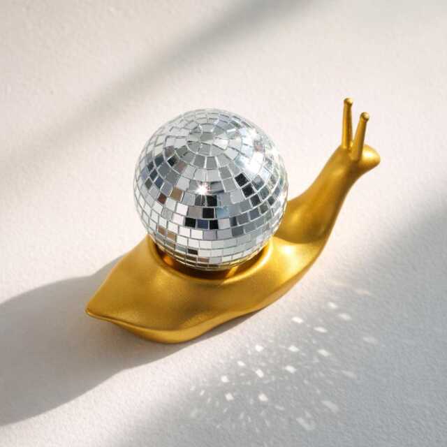 Disco Snail Sculpture With Mirror Ball - Modern Funky Home Decor Gold Or Dark Brown Statue - image 1