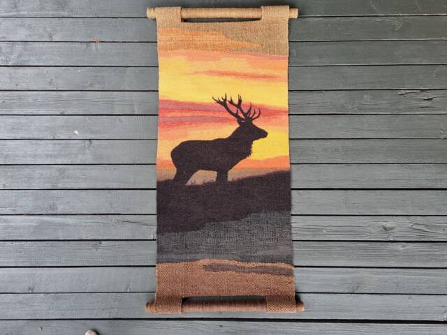 Handwoven Deer Tapestry Sunset Forest Wall Hanging - image 1