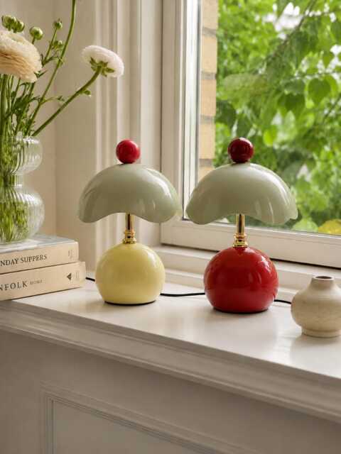 French Cream Eggshell Table Lamp, Red Accent, Bedside Night Light - image 1
