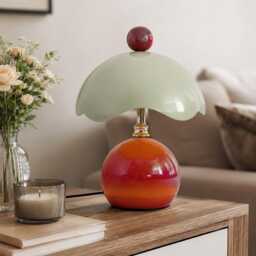 French Cream Eggshell Table Lamp, Red Accent, Bedside Night Light - thumbnail 4