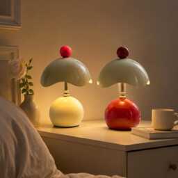 French Cream Eggshell Table Lamp, Red Accent, Bedside Night Light - thumbnail 3