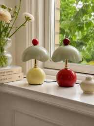 French Cream Eggshell Table Lamp, Red Accent, Bedside Night Light - thumbnail 1