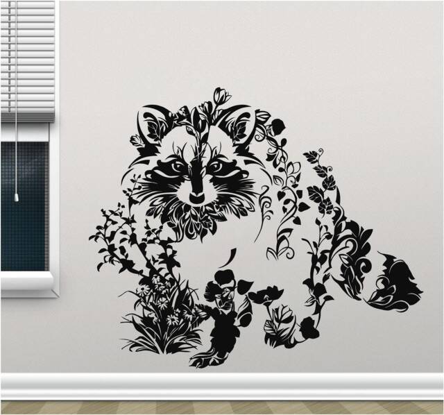 Floral Racoon Vinyl Wall Art, Decal, Sticker, Transfer, Mural, Decor, Rent Friendly, Interior, Exterior, Full Removable, - 0950 - image 1