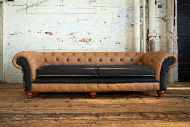 British Handmade 4 Seater Charcoal Grey Herringbone Wool With Saddle Shelly Leather Chesterfield Sofa - image 1