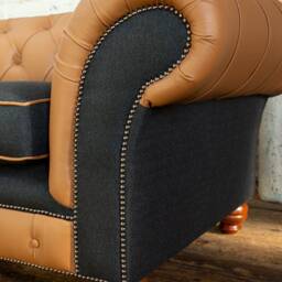 British Handmade 4 Seater Charcoal Grey Herringbone Wool With Saddle Shelly Leather Chesterfield Sofa - thumbnail 2