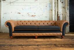 British Handmade 4 Seater Charcoal Grey Herringbone Wool With Saddle Shelly Leather Chesterfield Sofa