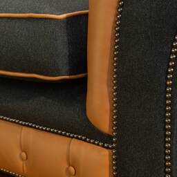 British Handmade 4 Seater Charcoal Grey Herringbone Wool With Saddle Shelly Leather Chesterfield Sofa - thumbnail 3