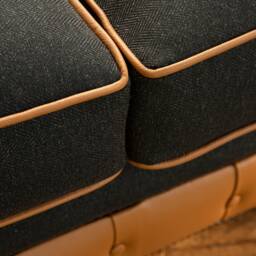 British Handmade 4 Seater Charcoal Grey Herringbone Wool With Saddle Shelly Leather Chesterfield Sofa - thumbnail 4