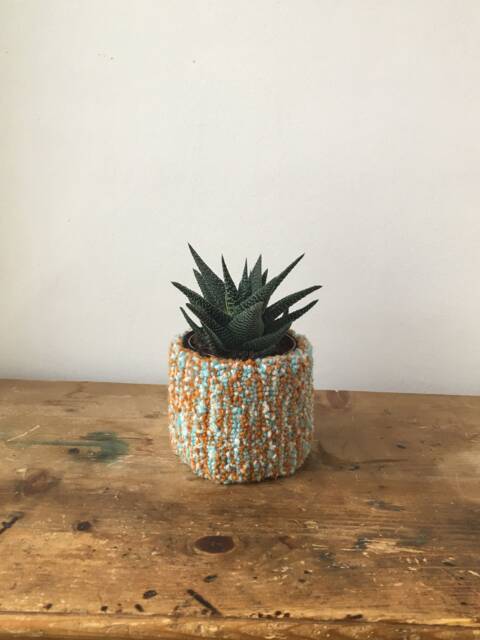 Terrazzo Tufted Plant Pot - Ochre White Blue - Small Size - image 1