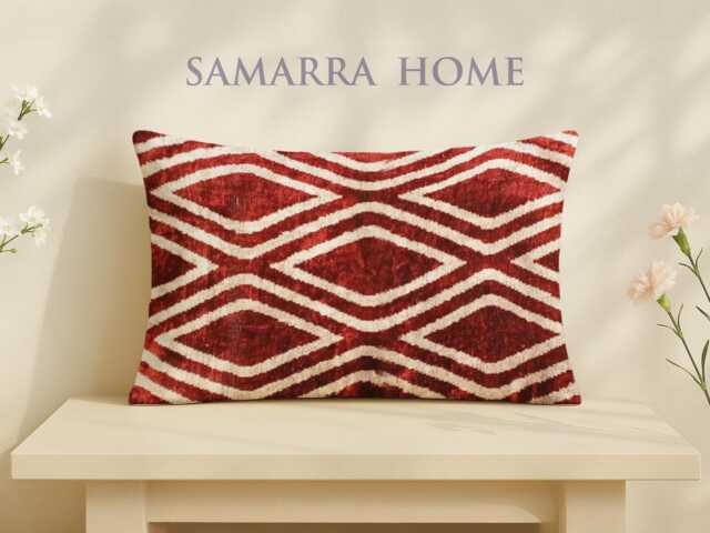 Red Velvet Ikat Pillow Cover Handwoven Silk Diamond Cushion - image 1