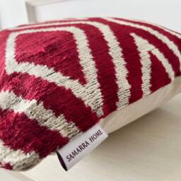 Red Velvet Ikat Pillow Cover Handwoven Silk Diamond Cushion - thumbnail 3