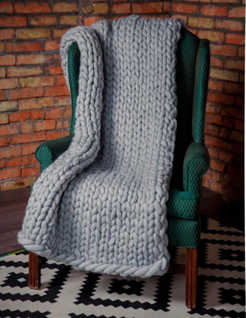 Hand Knit Chunky Merino Wool Blanket Silver Blue Throw, Wedding Gift - image 1