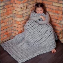 Hand Knit Chunky Merino Wool Blanket Silver Blue Throw, Wedding Gift - thumbnail 2