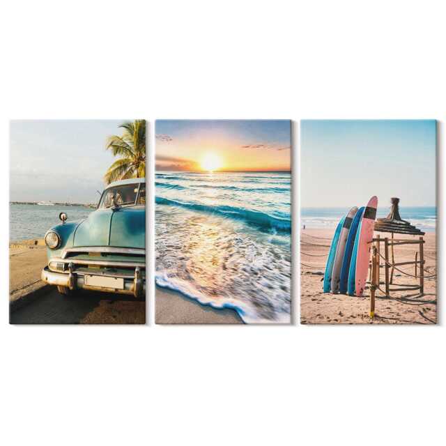 Set Of 3 Canvas Prints - Miami Vacation Views Sunset Over The Sea, Blue Large Wall Art, Landscapes Decor - image 1
