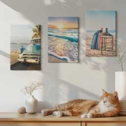 Set Of 3 Canvas Prints - Miami Vacation Views Sunset Over The Sea, Blue Large Wall Art, Landscapes Decor - thumbnail 2