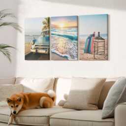 Set Of 3 Canvas Prints - Miami Vacation Views Sunset Over The Sea, Blue Large Wall Art, Landscapes Decor - thumbnail 3