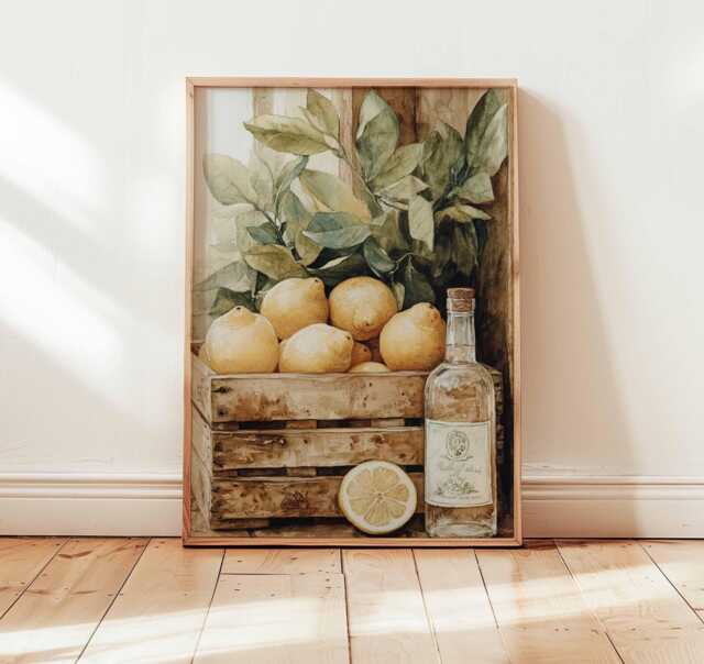 Lemon Crate Kitchen Poster, Rustic Tuscan Fruit Print, Mediterranean Wall Art, Farmhouse Citrus Decor, Vintage Tree Artwork