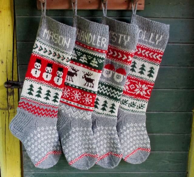 Personalized Hand-Knit Wool Christmas Stocking With Gnomes - image 1