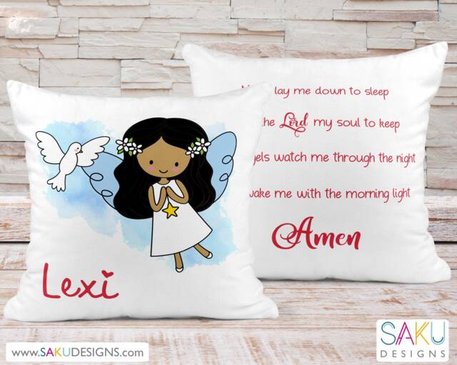 Girl Angel Now I Lay Me Down To Sleep Pillow-Personalized Pillow-Communion-Baptism-Prayer-Faith-Religious-Angel-Nursery Decor-Baby Pillow - image 1