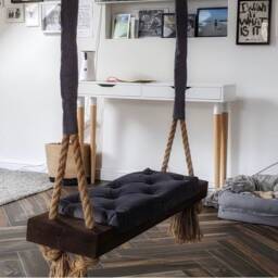 Handmade Dark Oak Wooden Swing With Quilted Grey Seat - thumbnail 3