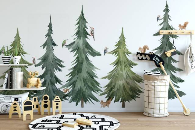 Pine Tree Decal, Watercolor Forest Mural, Peel & Stick Nursery Wall Art - Decor, Spruce - image 1