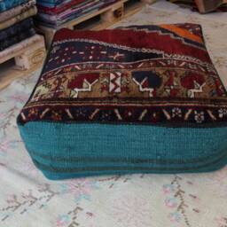 Handmade Wool Square Pouf Ottoman, Vintage Turkish Rug - thumbnail 3