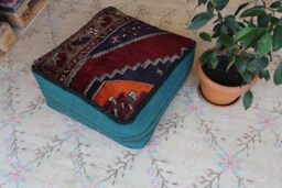 Handmade Wool Square Pouf Ottoman, Vintage Turkish Rug - thumbnail 1