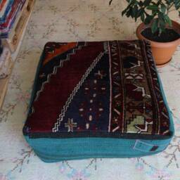 Handmade Wool Square Pouf Ottoman, Vintage Turkish Rug - thumbnail 2