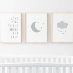 Gender Neutral Sage Green Moon Stars Prints - Set Of 3, Love You To The Moon, Baby, Nursery Prints, Wall Art, Beige, Kids Bedroom - thumbnail 2