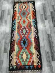 Colourful Runner Rug, Handmade Artisan Afghan Turkish, Scandinavian, Navajo, Bohemian, Wool Flatweave Multicolour Kilim Rug 194x70 cm - thumbnail 1