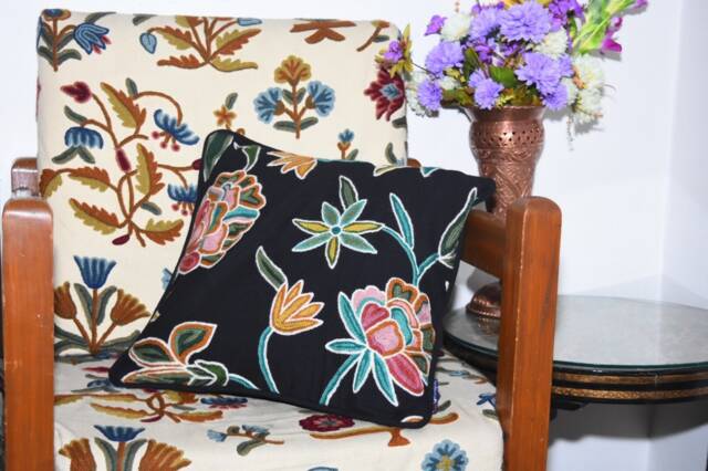Hand Embroidered Crewel Cushion Cover Kashmiri Wool Pillow, 16 - image 1