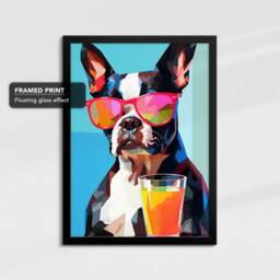 Vibrant Boston Terrier Drink With Glasses Painting Framed Poster Print & Canvas Wall Decor Art Bedroom Home Interior Dog Lover Gift - thumbnail 2