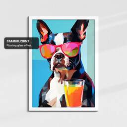 Vibrant Boston Terrier Drink With Glasses Painting Framed Poster Print & Canvas Wall Decor Art Bedroom Home Interior Dog Lover Gift - thumbnail 3