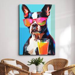 Vibrant Boston Terrier Drink With Glasses Painting Framed Poster Print & Canvas Wall Decor Art Bedroom Home Interior Dog Lover Gift - thumbnail 1