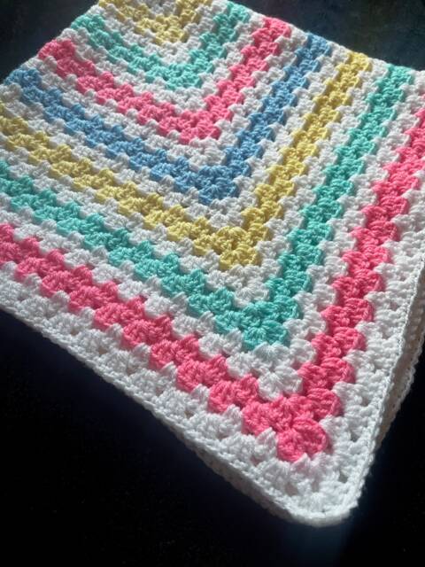 Handmade Crochet Granny Square Blanket White & Pastel Coloured Multicoloured Soft Throw Bright Cheerful Unique Handcrafted Striped Gift - image 1